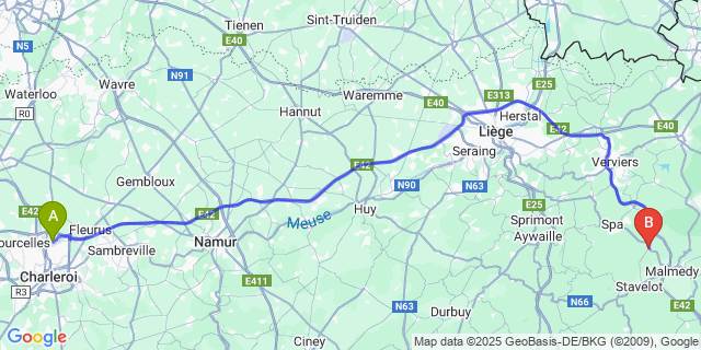 Map: Charleroi Airport Brussels South (CRL) to Francorchamps