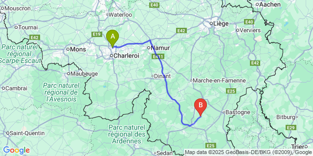 Map: Charleroi Airport Brussels South (CRL) to Freux