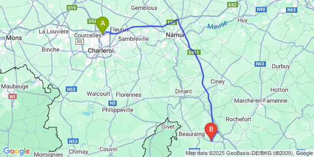 Map: Charleroi Airport Brussels South (CRL) to Froidlieu