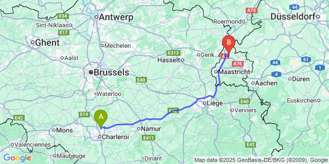 Map: Charleroi Airport Brussels South (CRL) to Geleen