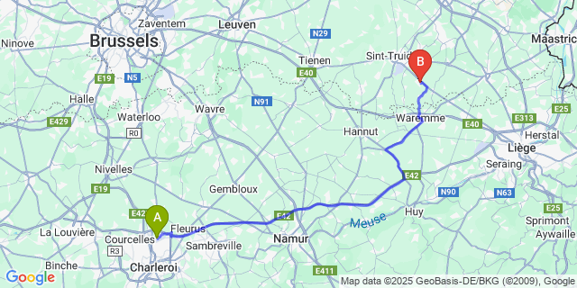 Map: Charleroi Airport Brussels South (CRL) to Gelinden