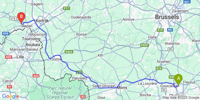 Map: Charleroi Airport Brussels South (CRL) to Geluwe
