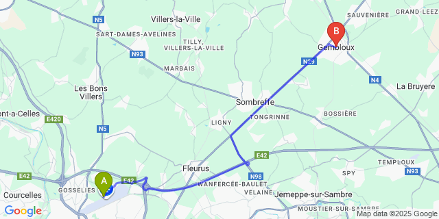 Map: Charleroi Airport Brussels South (CRL) to Gembloux