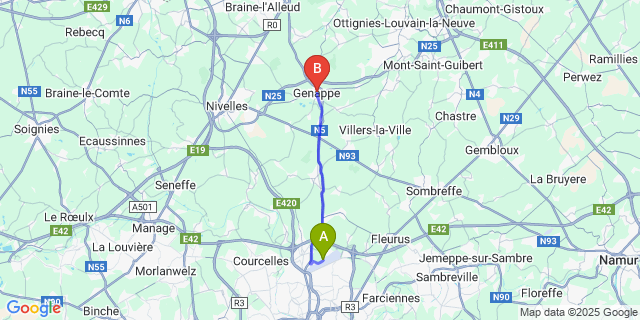 Map: Charleroi Airport Brussels South (CRL) to Genappe