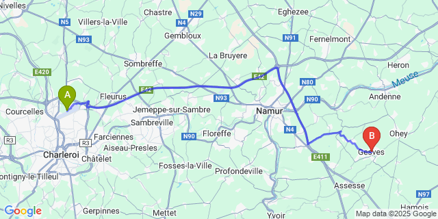 Map: Charleroi Airport Brussels South (CRL) to Gesves
