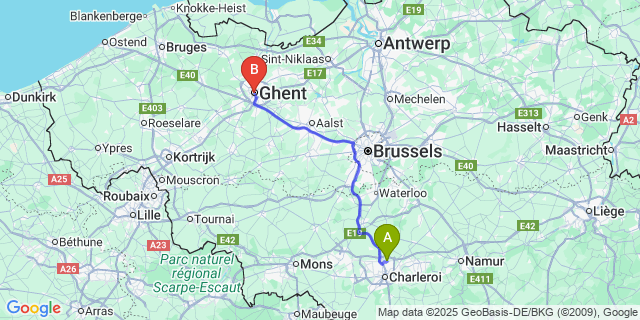 Map: Charleroi Airport Brussels South (CRL) to Ghent
