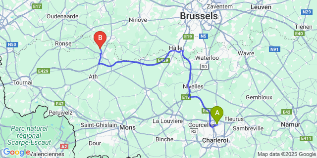 Map: Charleroi Airport Brussels South (CRL) to Ghoy