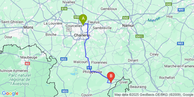 Map: Charleroi Airport Brussels South (CRL) to Gimnée