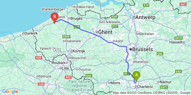 Map: Charleroi Airport Brussels South (CRL) to Gistel