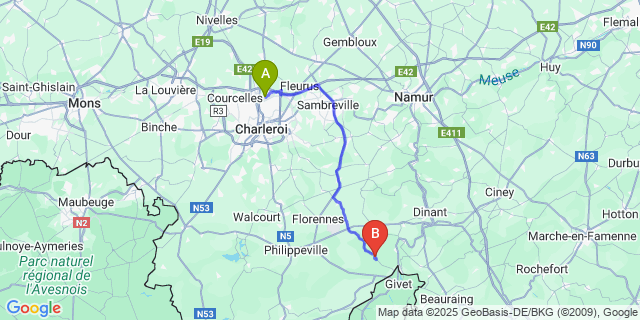 Map: Charleroi Airport Brussels South (CRL) to Gochenée