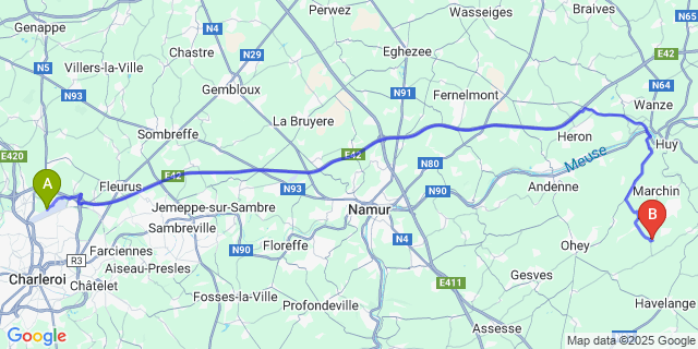 Map: Charleroi Airport Brussels South (CRL) to Goesnes