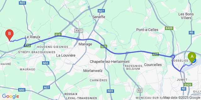 Map: Charleroi Airport Brussels South (CRL) to Gottignies
