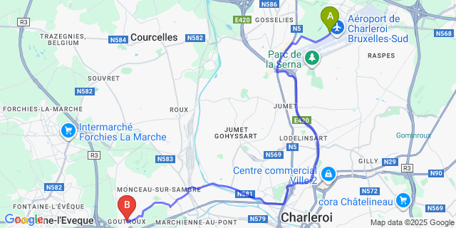 Map: Charleroi Airport Brussels South (CRL) to Goutroux