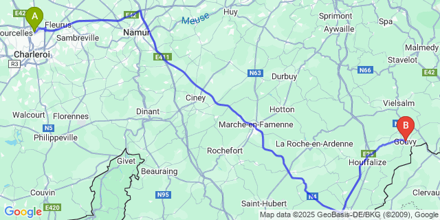 Map: Charleroi Airport Brussels South (CRL) to Gouvy