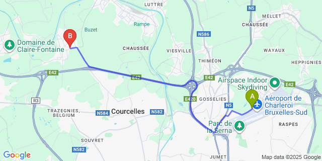 Map: Charleroi Airport Brussels South (CRL) to Gouy-Lez-Piéton