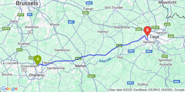 Map: Charleroi Airport Brussels South (CRL) to Grâce-Berleur