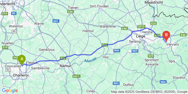 Map: Charleroi Airport Brussels South (CRL) to Grand-Rechain