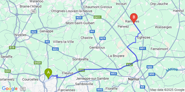 Map: Charleroi Airport Brussels South (CRL) to Grand-Rosi?re-Hottomont
