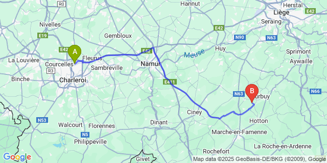 Map: Charleroi Airport Brussels South (CRL) to Grandhan