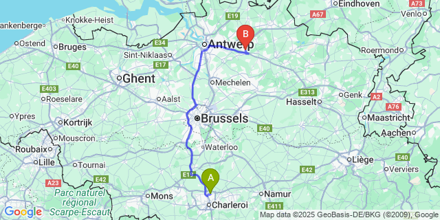 Map: Charleroi Airport Brussels South (CRL) to Grobbendonk