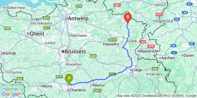 Map: Charleroi Airport Brussels South (CRL) to Grote-Brogel