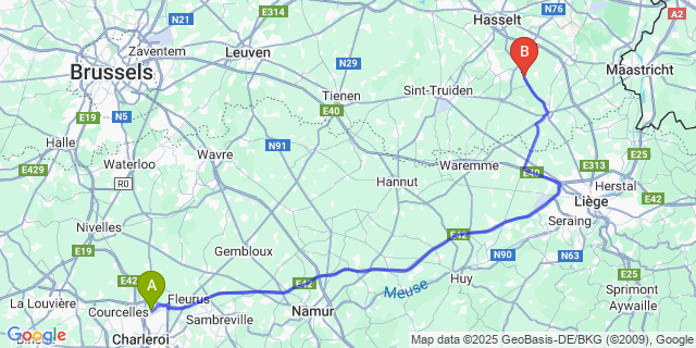 Map: Charleroi Airport Brussels South (CRL) to Guigoven