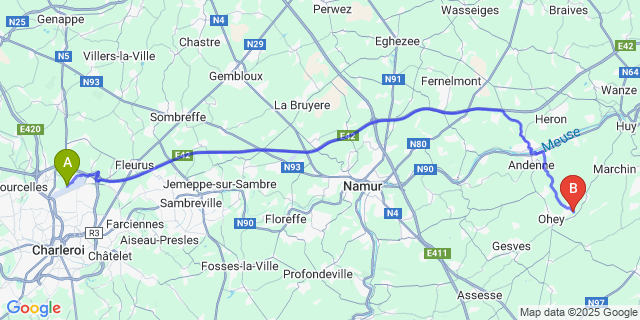 Map: Charleroi Airport Brussels South (CRL) to Haillot