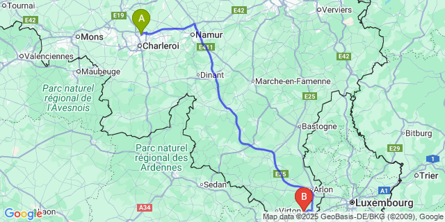 Map: Charleroi Airport Brussels South (CRL) to Halanzy