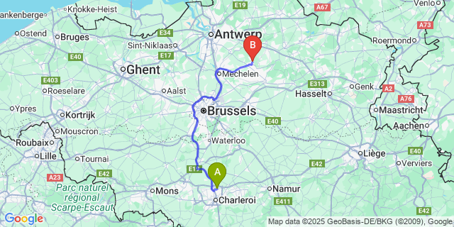 Map: Charleroi Airport Brussels South (CRL) to Hallaar