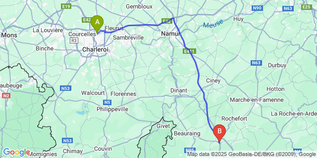 Map: Charleroi Airport Brussels South (CRL) to Halma