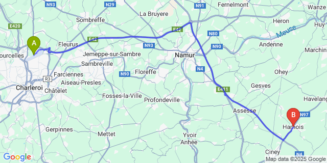 Map: Charleroi Airport Brussels South (CRL) to Hamois