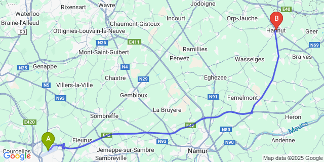 Map: Charleroi Airport Brussels South (CRL) to Hannut