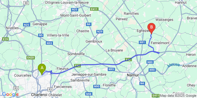 Map: Charleroi Airport Brussels South (CRL) to Hanret