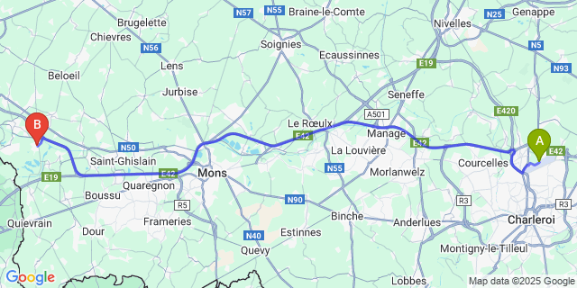 Map: Charleroi Airport Brussels South (CRL) to Harchies