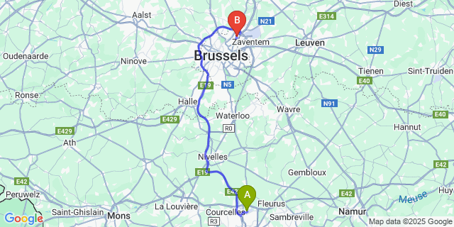 Map: Charleroi Airport Brussels South (CRL) to Haren (Brussel)