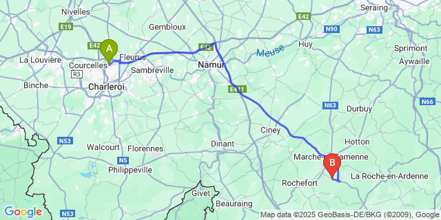 Map: Charleroi Airport Brussels South (CRL) to Harsin