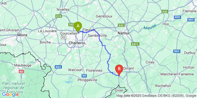 Map: Charleroi Airport Brussels South (CRL) to Hastière-Lavaux