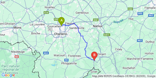 Map: Charleroi Airport Brussels South (CRL) to Hastière-par-delà