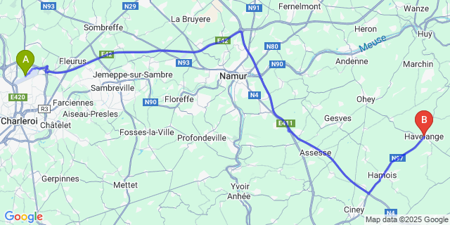 Map: Charleroi Airport Brussels South (CRL) to Havelange