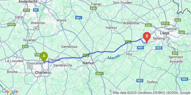 Map: Charleroi Airport Brussels South (CRL) to hein (Engis)