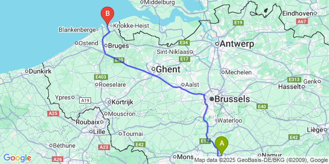 Map: Charleroi Airport Brussels South (CRL) to Heist-Aan-Zee