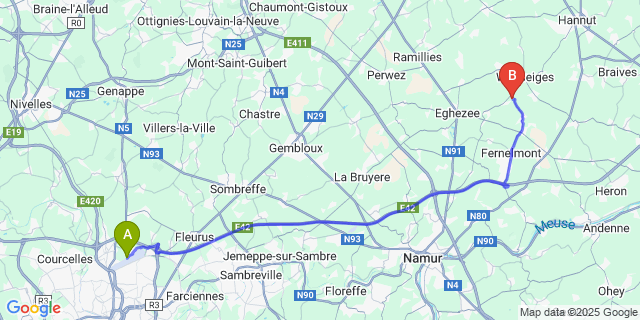 Map: Charleroi Airport Brussels South (CRL) to Hemptinne-Lez-Éghezée