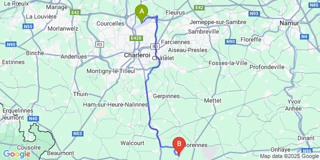 Map: Charleroi Airport Brussels South (CRL) to Hemptinne-Lez-Florennes