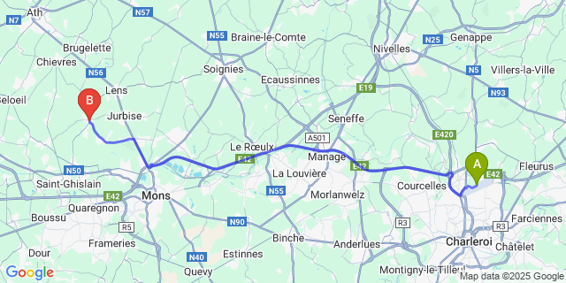 Map: Charleroi Airport Brussels South (CRL) to Herchies