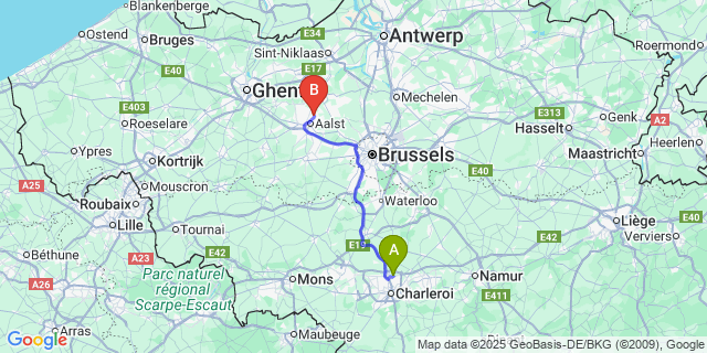Map: Charleroi Airport Brussels South (CRL) to Herdersem
