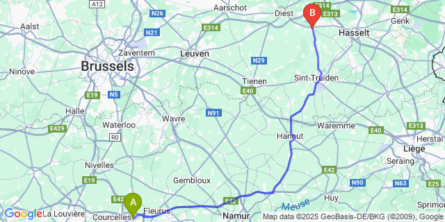 Map: Charleroi Airport Brussels South (CRL) to Herk-de-Stad