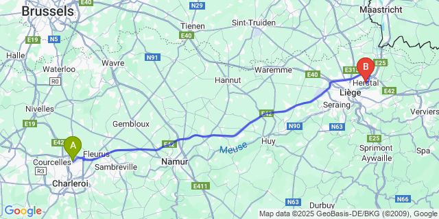 Map: Charleroi Airport Brussels South (CRL) to Herstal