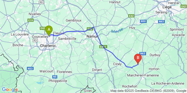 Map: Charleroi Airport Brussels South (CRL) to Heure