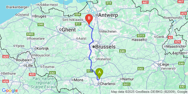 Map: Charleroi Airport Brussels South (CRL) to Hingene