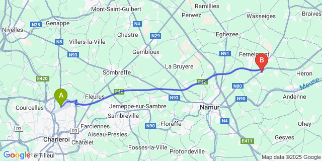 Map: Charleroi Airport Brussels South (CRL) to Hingeon (Fernelmont)